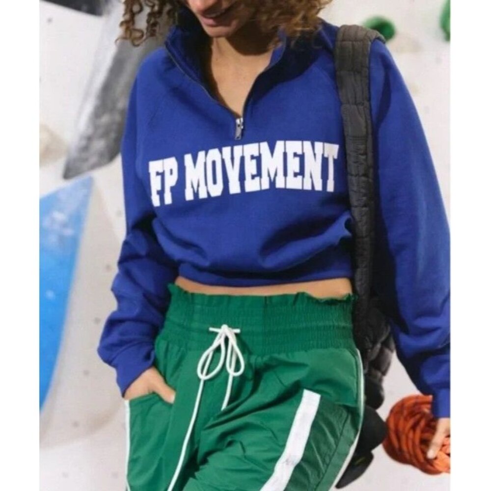 Free People Movement For The Win Logo Half Zip Blue Sweatshirt.